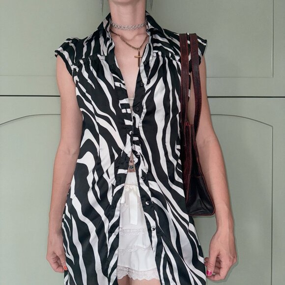 Y2k Zebra Print Collared Dress - Picture 2 of 8